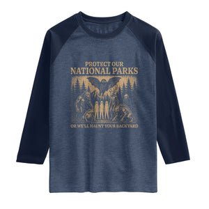 Funny Mothman Protect Our National Parks Raglan Shirt Ghost Wendigo Skull Cryptid Weirdcore Folk Horror TS10 Heather Denim Navy Print Your Wear