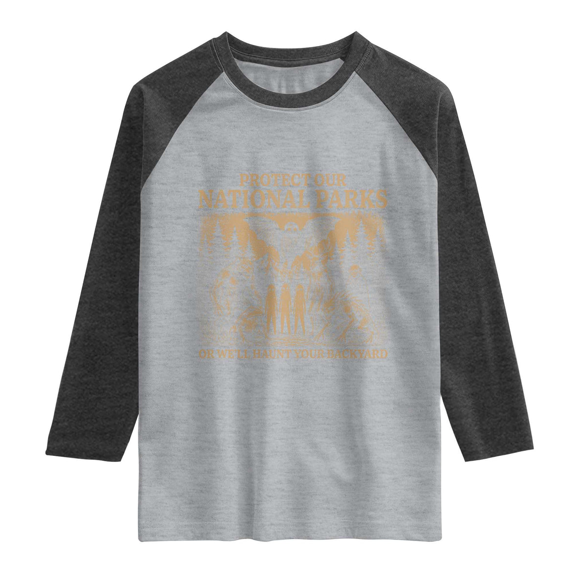 Funny Mothman Protect Our National Parks Raglan Shirt Ghost Wendigo Skull Cryptid Weirdcore Folk Horror TS10 Heather Gray Heather Charcoal Print Your Wear