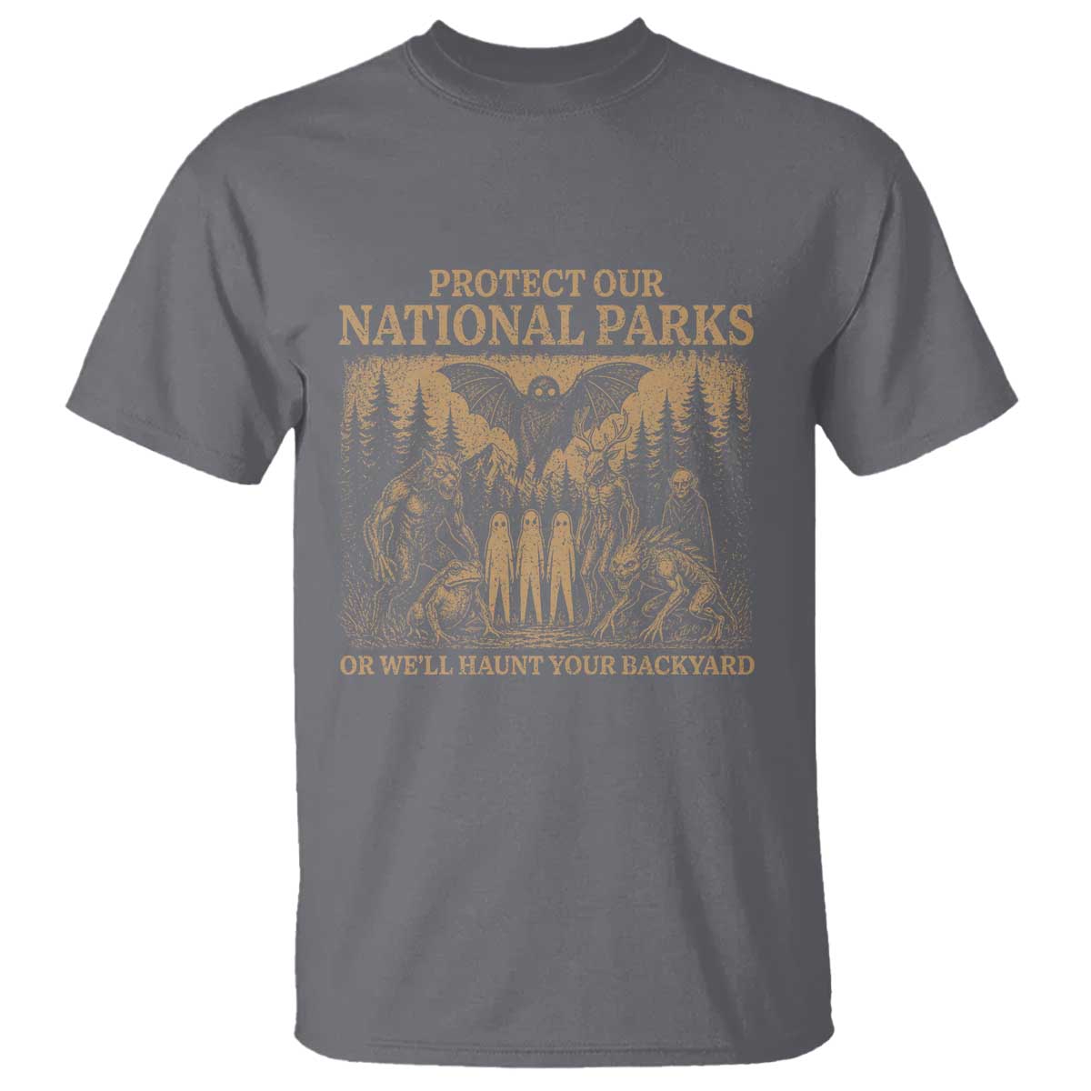 Funny Mothman Protect Our National Parks T Shirt Ghost Wendigo Skull Cryptid Weirdcore Folk Horror TS10 Charcoal Print Your Wear