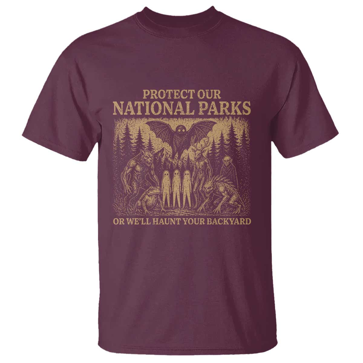 Funny Mothman Protect Our National Parks T Shirt Ghost Wendigo Skull Cryptid Weirdcore Folk Horror TS10 Maroon Print Your Wear