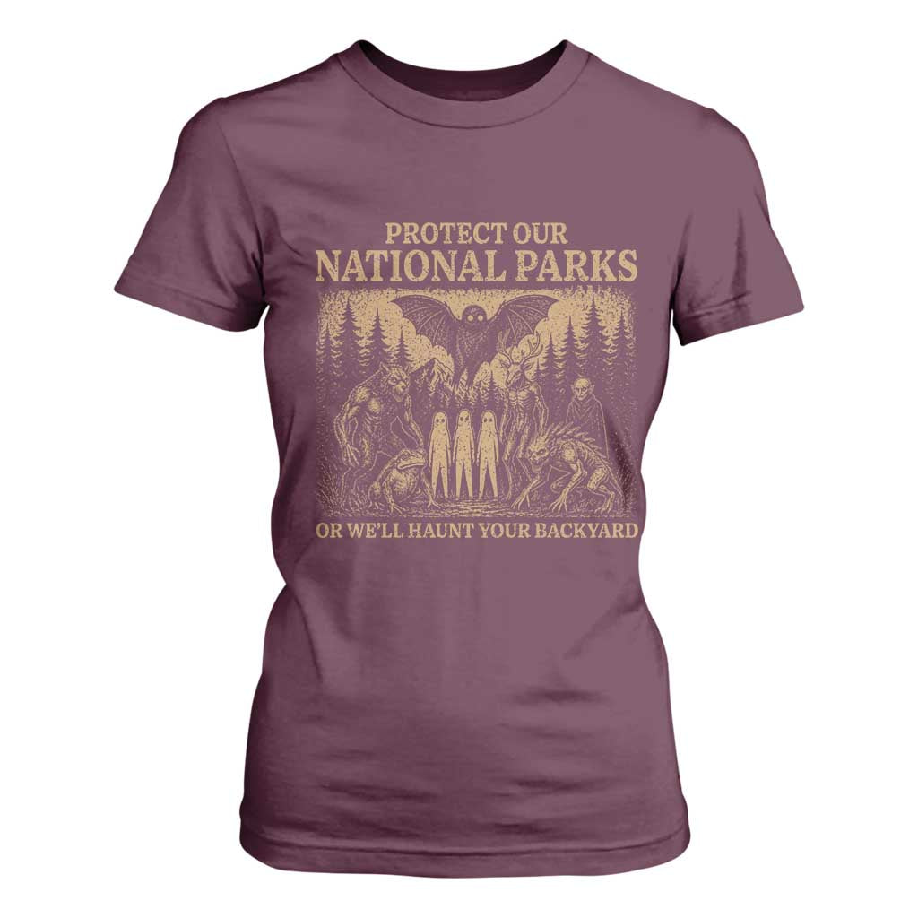 Funny Mothman Protect Our National Parks T Shirt For Women Ghost Wendigo Skull Cryptid Weirdcore Folk Horror TS10 Maroon Print Your Wear