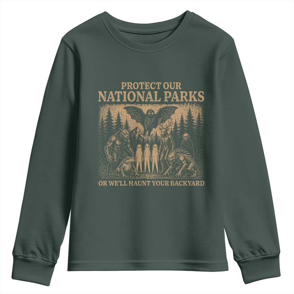 Funny Mothman Protect Our National Parks Youth Sweatshirt Ghost Wendigo Skull Cryptid Weirdcore Folk Horror TS10 Dark Forest Green Print Your Wear
