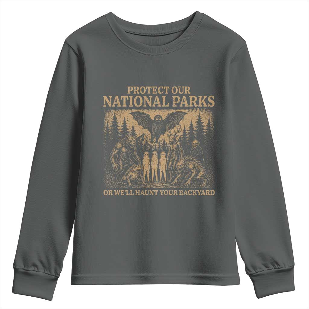 Funny Mothman Protect Our National Parks Youth Sweatshirt Ghost Wendigo Skull Cryptid Weirdcore Folk Horror TS10 Dark Heather Print Your Wear