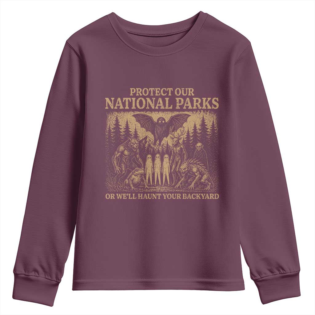 Funny Mothman Protect Our National Parks Youth Sweatshirt Ghost Wendigo Skull Cryptid Weirdcore Folk Horror TS10 Maroon Print Your Wear