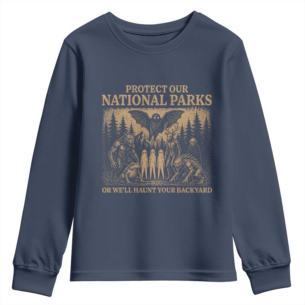 Funny Mothman Protect Our National Parks Youth Sweatshirt Ghost Wendigo Skull Cryptid Weirdcore Folk Horror TS10 Navy Print Your Wear