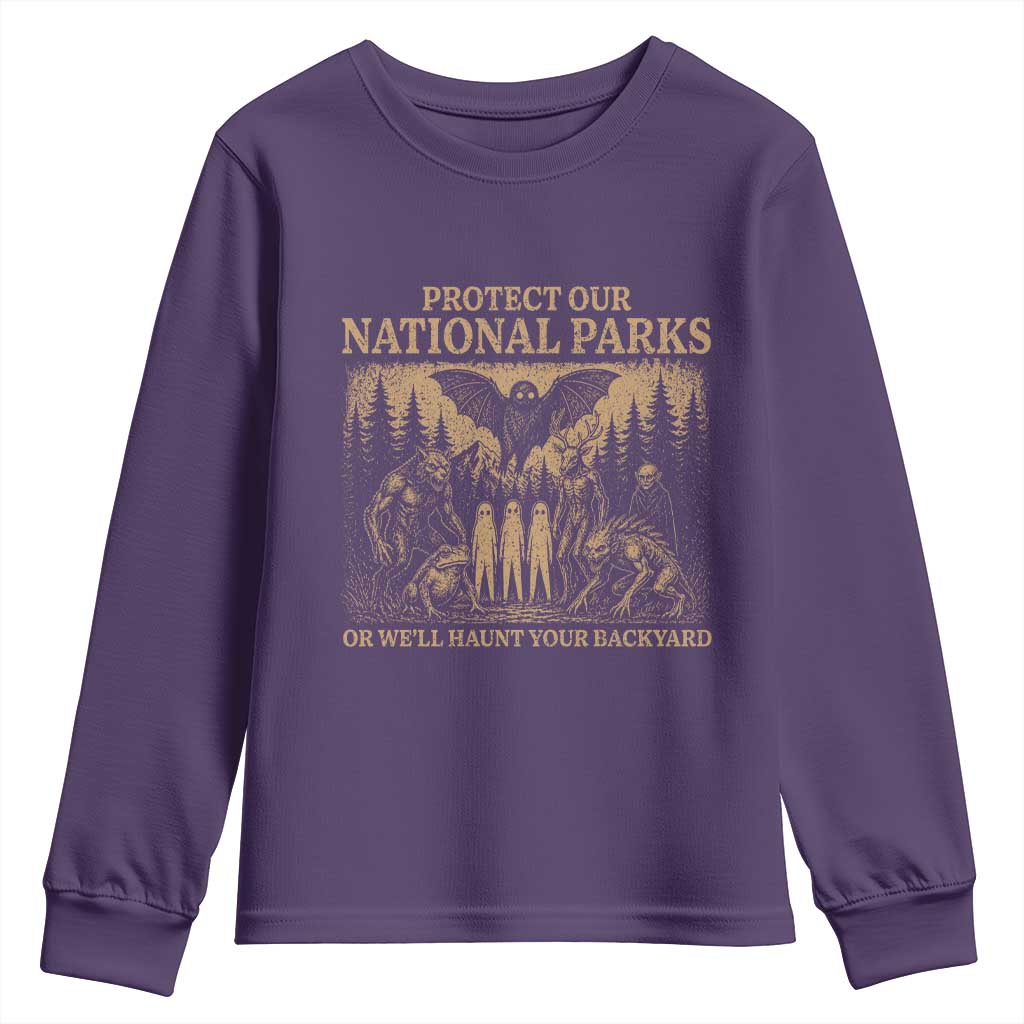 Funny Mothman Protect Our National Parks Youth Sweatshirt Ghost Wendigo Skull Cryptid Weirdcore Folk Horror TS10 Purple Print Your Wear