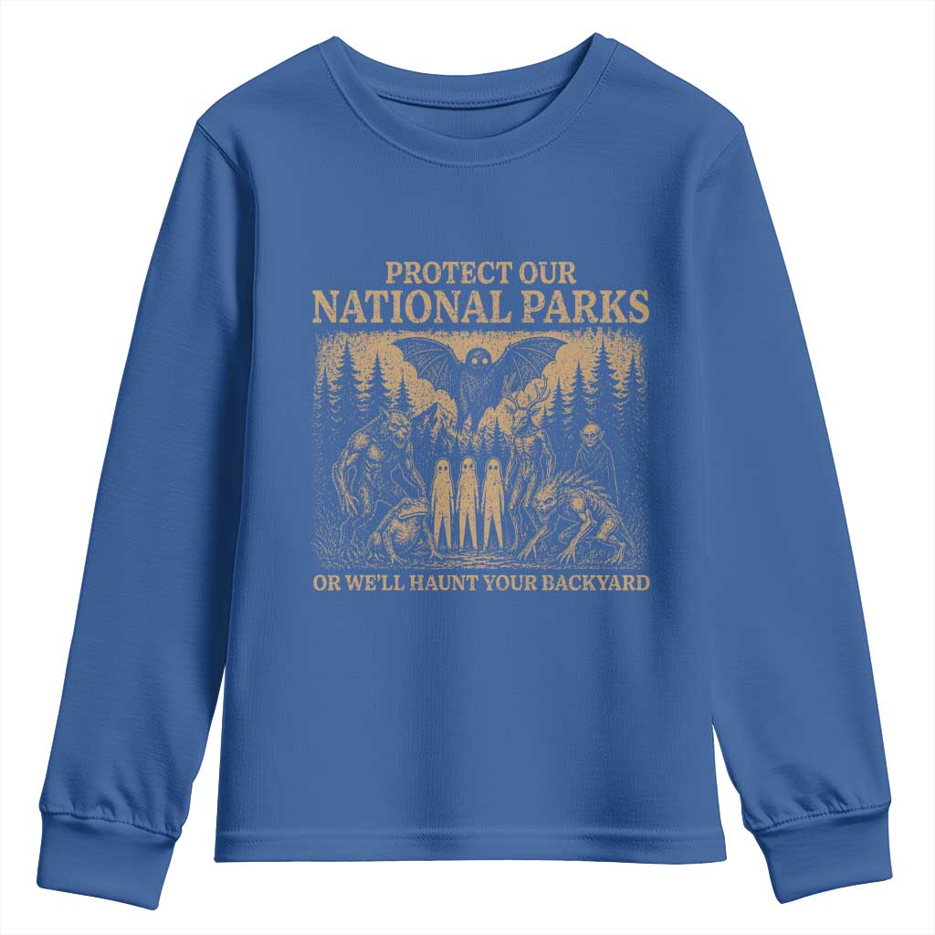 Funny Mothman Protect Our National Parks Youth Sweatshirt Ghost Wendigo Skull Cryptid Weirdcore Folk Horror TS10 Royal Blue Print Your Wear