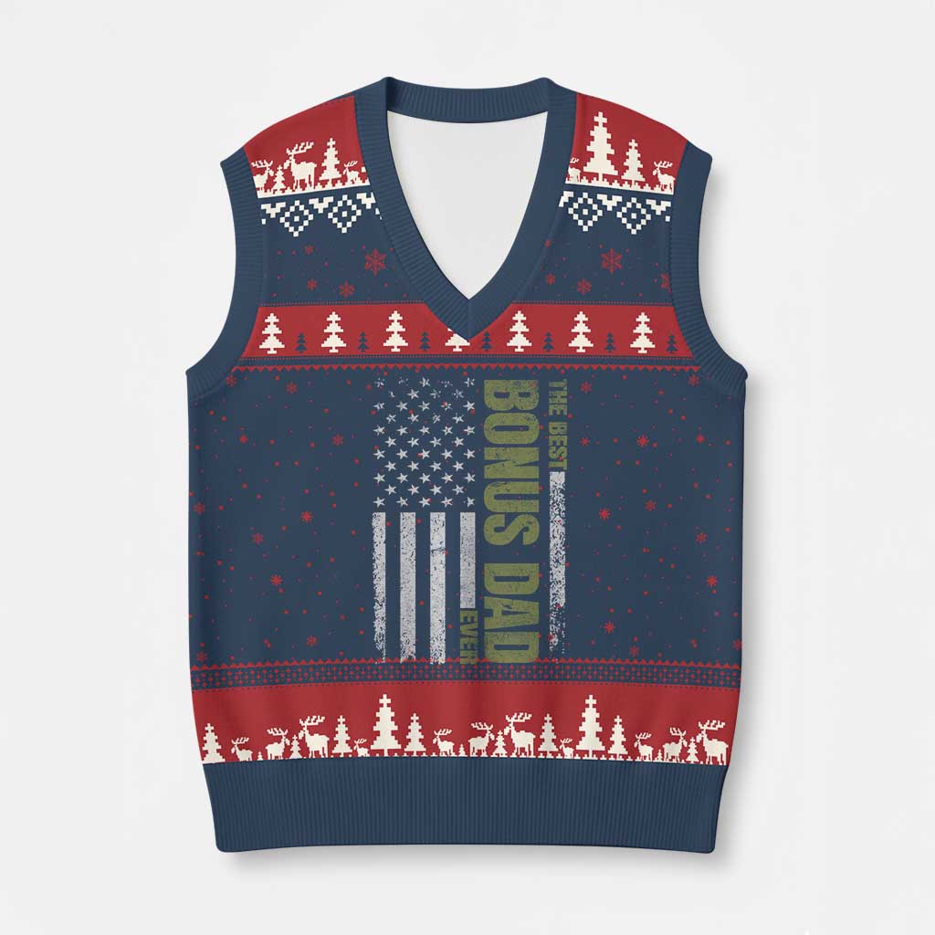 Bonus Dad V-Neck Knit Sweater Vest American Flag Best Bonus Dad Ever Fathers Day TS10 Navy Red Print Your Wear