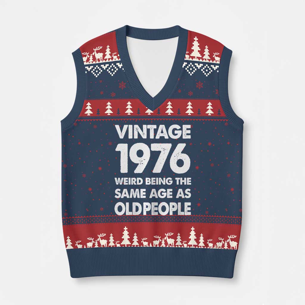 Funny 50th Birthday V-Neck Knit Sweater Vest Turning 50 Year Old Gifts Weird Being The Same Age As Old People TS10 Navy Red Print Your Wear