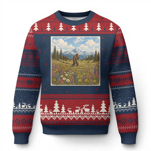 Retro Bigfoot Wildflower Ugly Christmas Sweater Vintage Sasquatch Funny Cryptid TS10 Navy Red Print Your Wear