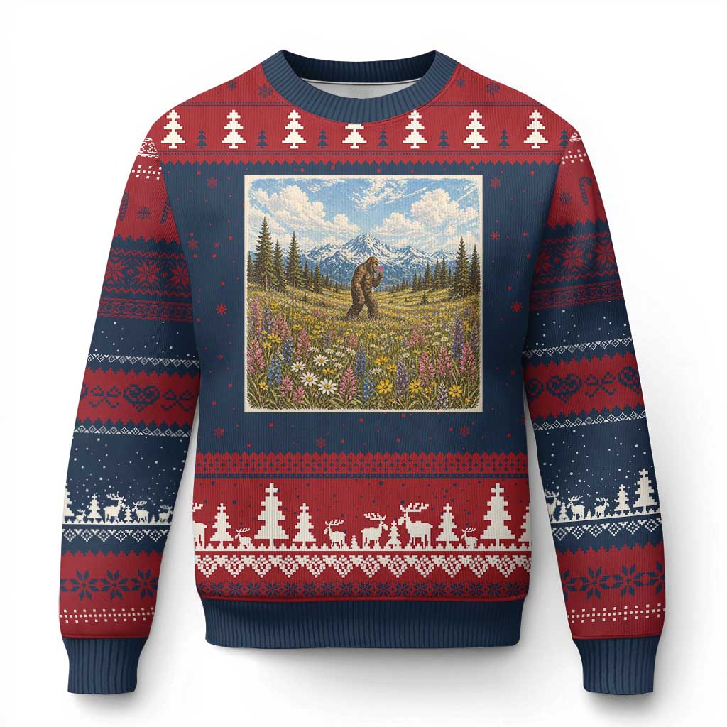 Retro Bigfoot Wildflower Ugly Christmas Sweater Vintage Sasquatch Funny Cryptid TS10 Navy Red Print Your Wear