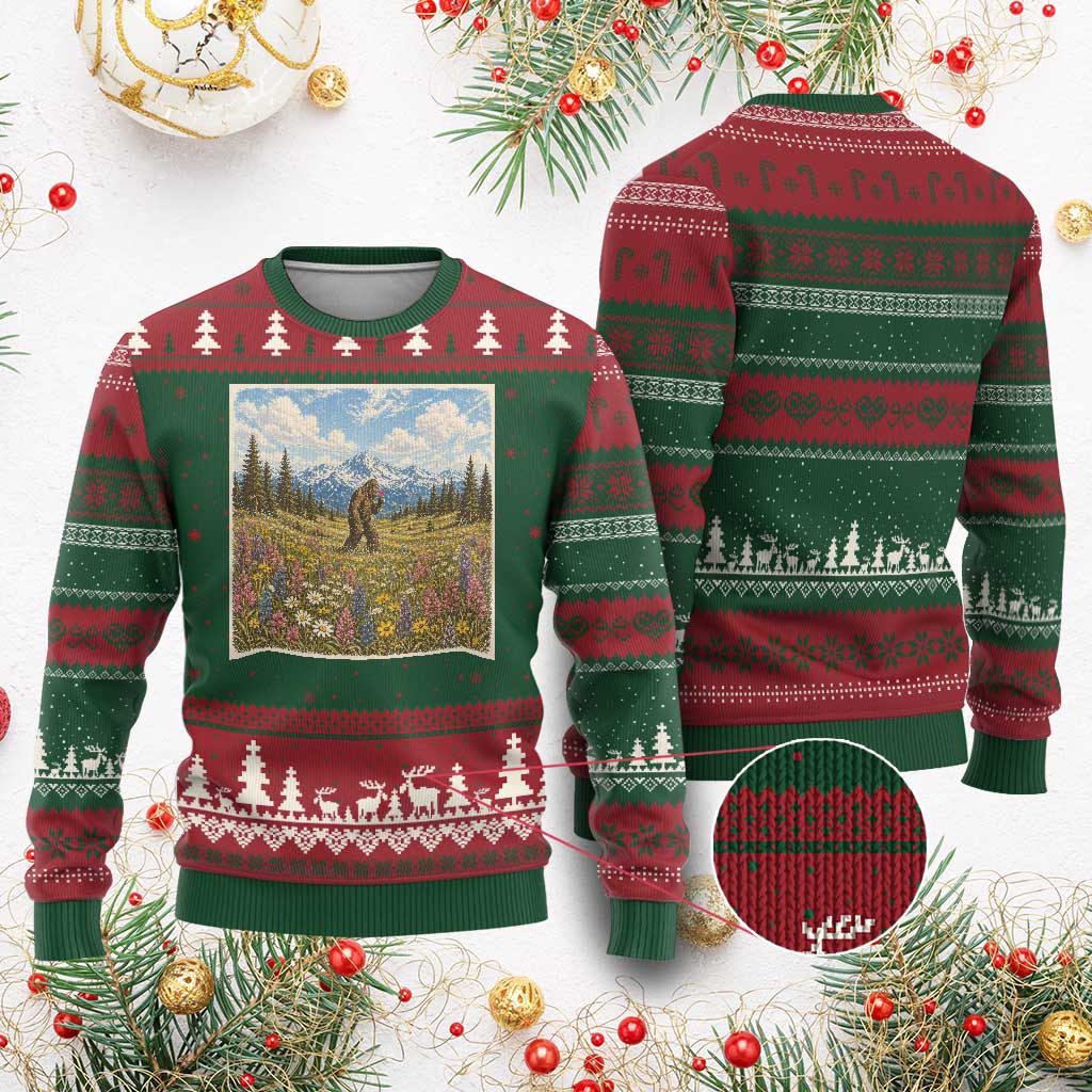Retro Bigfoot Wildflower Ugly Christmas Sweater Vintage Sasquatch Funny Cryptid TS10 Red Green Print Your Wear