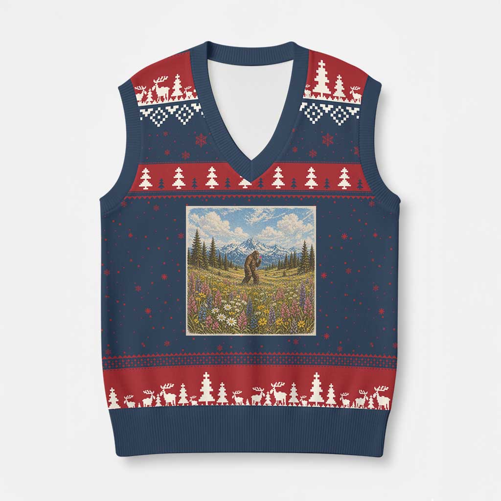Retro Bigfoot Wildflower V-Neck Knit Sweater Vest Vintage Sasquatch Funny Cryptid TS10 Navy Red Print Your Wear