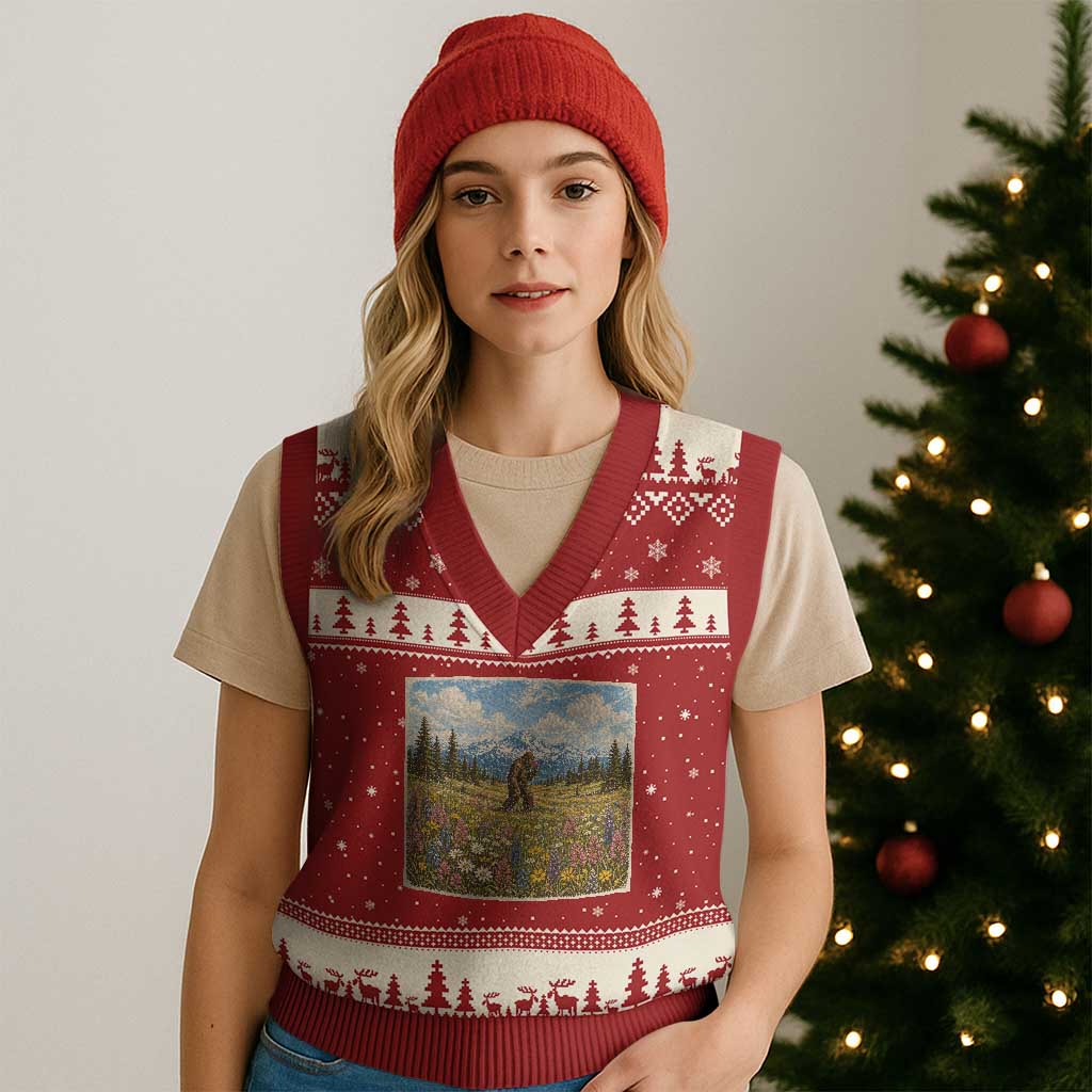 Retro Bigfoot Wildflower V-Neck Knit Sweater Vest Vintage Sasquatch Funny Cryptid TS10 Red Beige Print Your Wear