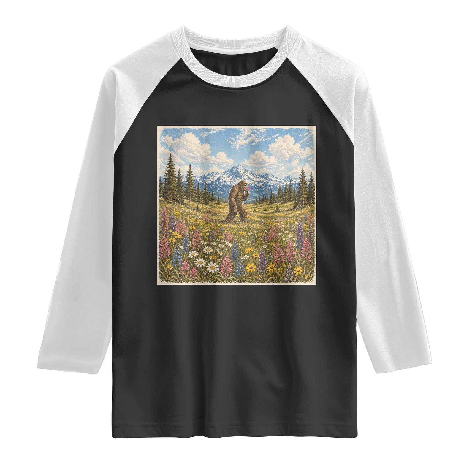 Retro Bigfoot Wildflower Raglan Shirt Vintage Sasquatch Funny Cryptid TS10 Black White Print Your Wear