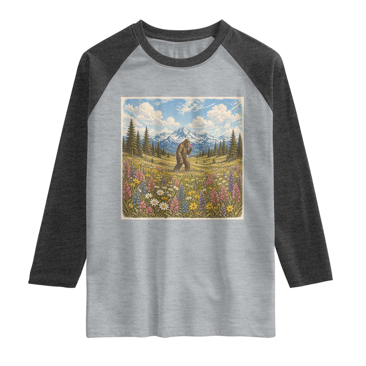 Retro Bigfoot Wildflower Raglan Shirt Vintage Sasquatch Funny Cryptid TS10 Heather Gray Heather Charcoal Print Your Wear
