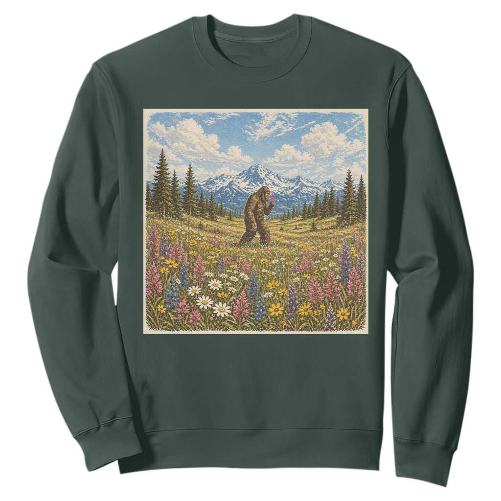Retro Bigfoot Wildflower Sweatshirt Vintage Sasquatch Funny Cryptid TS10 Dark Forest Green Print Your Wear