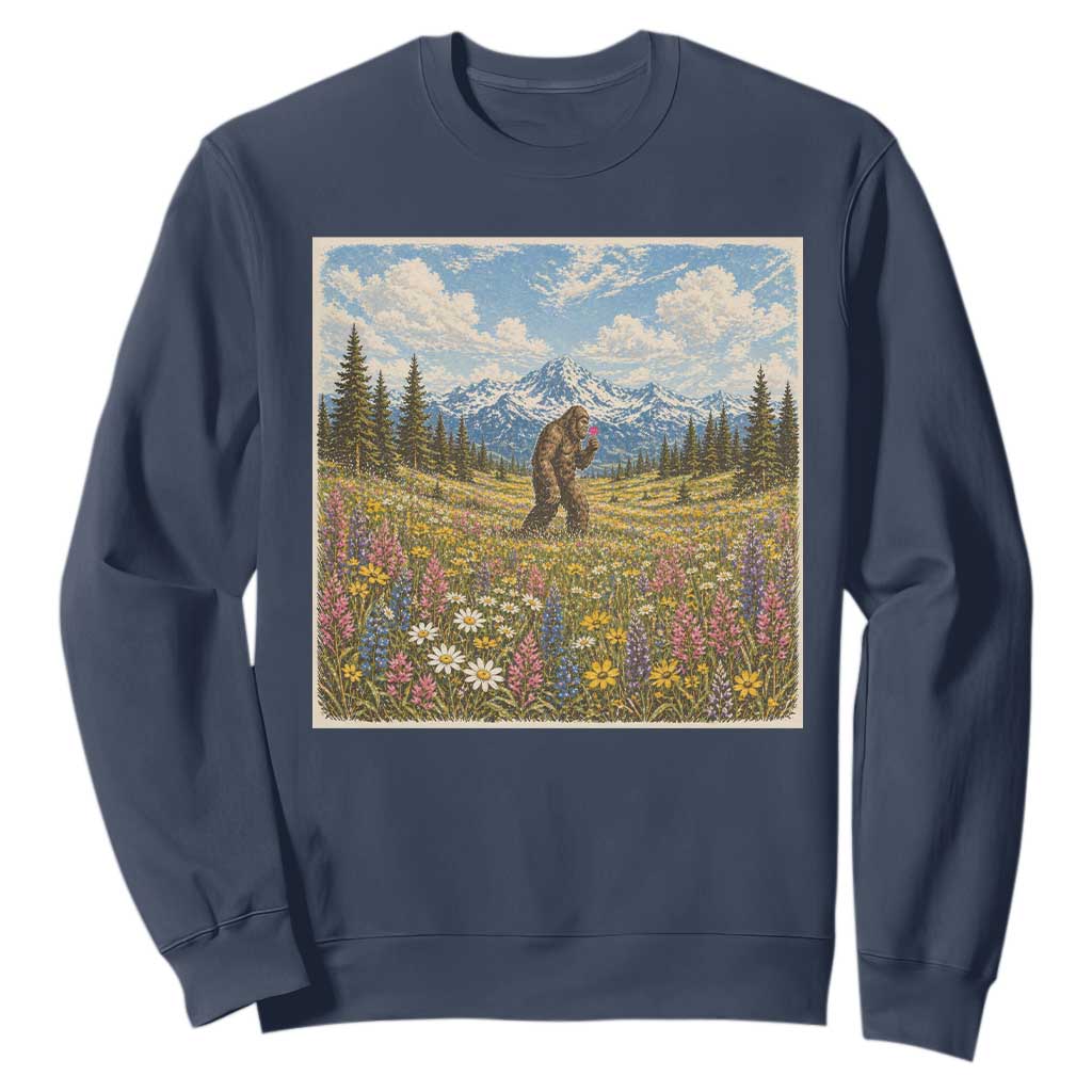 Retro Bigfoot Wildflower Sweatshirt Vintage Sasquatch Funny Cryptid TS10 Navy Print Your Wear