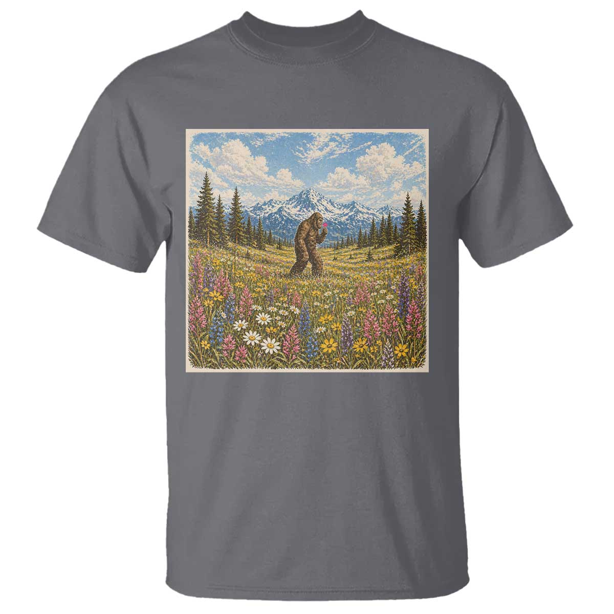 Retro Bigfoot Wildflower T Shirt Vintage Sasquatch Funny Cryptid TS10 Charcoal Print Your Wear