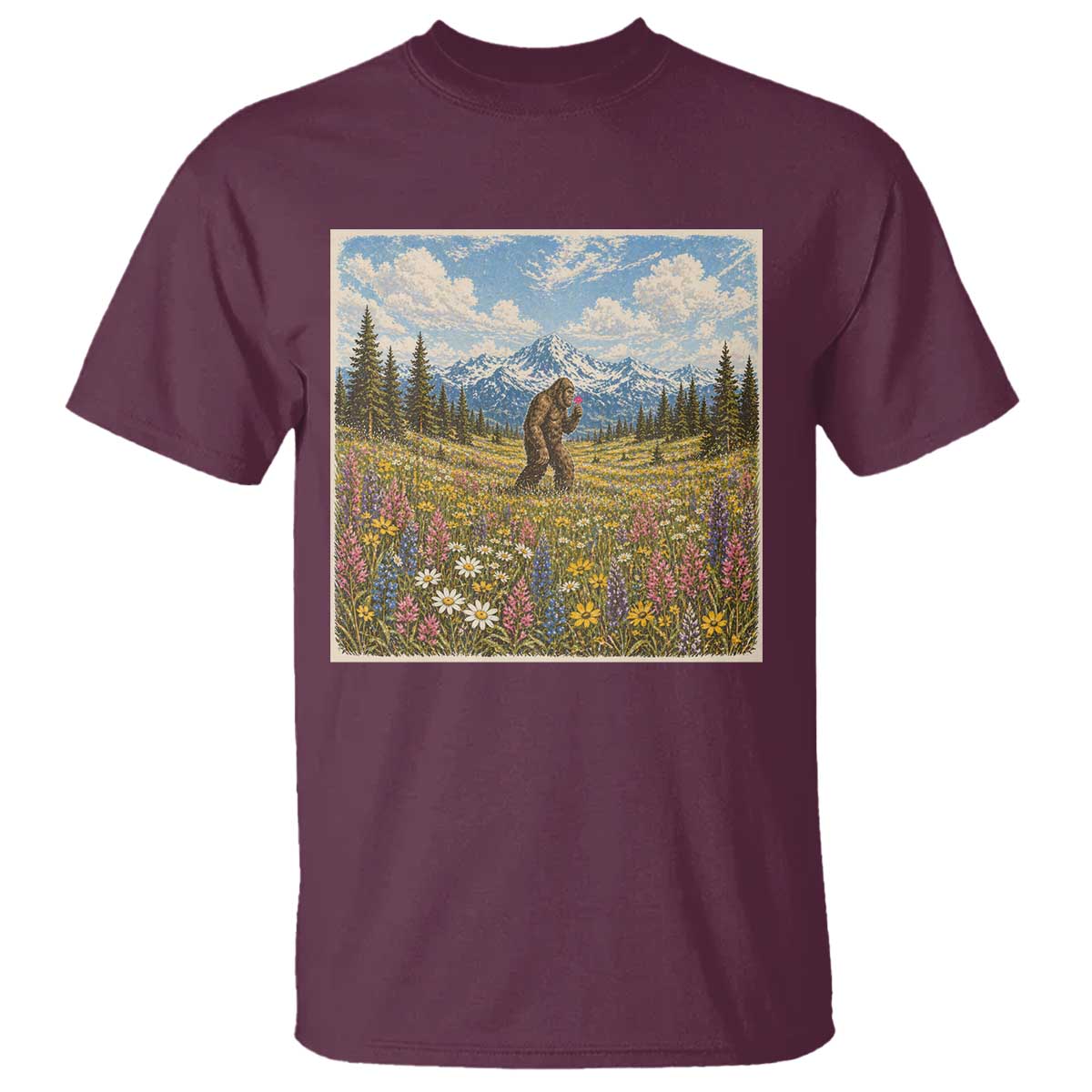 Retro Bigfoot Wildflower T Shirt Vintage Sasquatch Funny Cryptid TS10 Maroon Print Your Wear