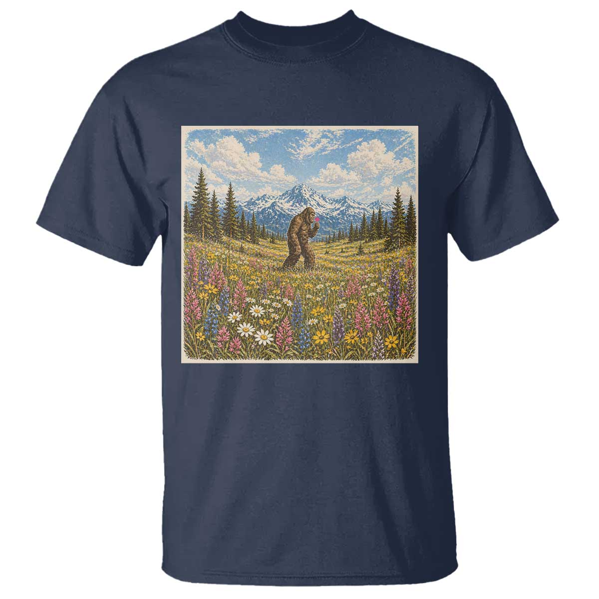 Retro Bigfoot Wildflower T Shirt Vintage Sasquatch Funny Cryptid TS10 Navy Print Your Wear