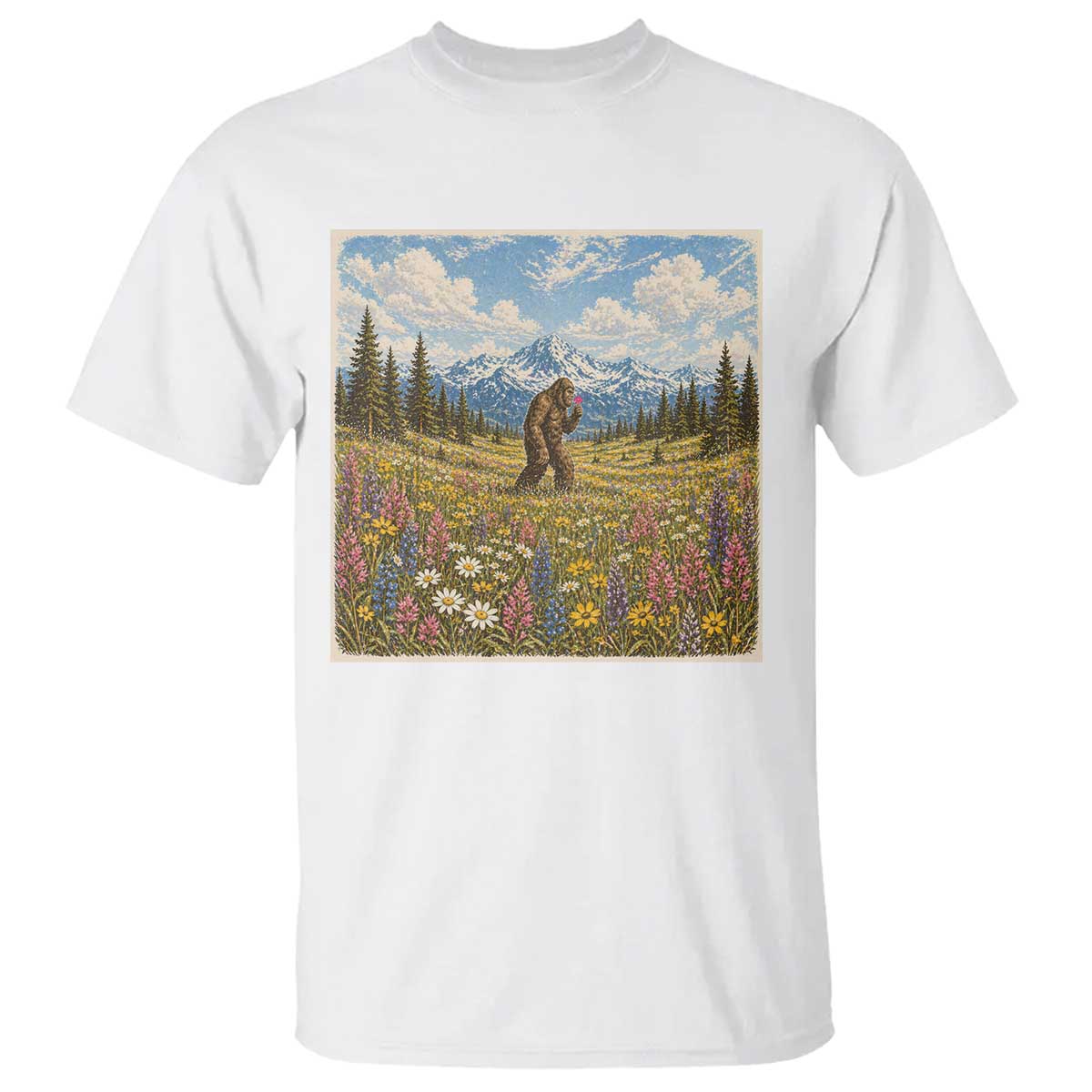 Retro Bigfoot Wildflower T Shirt Vintage Sasquatch Funny Cryptid TS10 White Print Your Wear