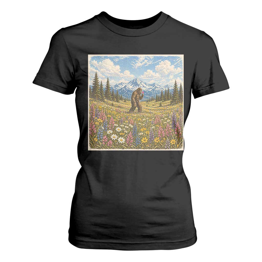 Retro Bigfoot Wildflower T Shirt For Women Vintage Sasquatch Funny Cryptid TS10 Black Print Your Wear