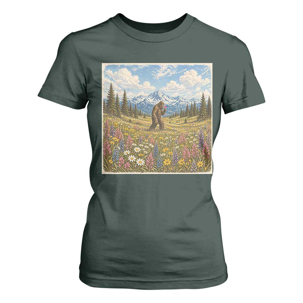 Retro Bigfoot Wildflower T Shirt For Women Vintage Sasquatch Funny Cryptid TS10 Dark Forest Green Print Your Wear