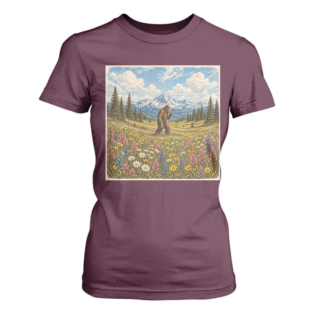 Retro Bigfoot Wildflower T Shirt For Women Vintage Sasquatch Funny Cryptid TS10 Maroon Print Your Wear