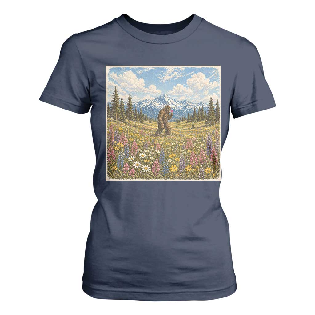 Retro Bigfoot Wildflower T Shirt For Women Vintage Sasquatch Funny Cryptid TS10 Navy Print Your Wear