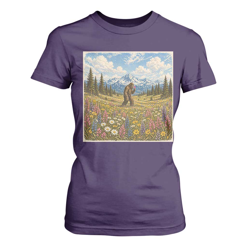 Retro Bigfoot Wildflower T Shirt For Women Vintage Sasquatch Funny Cryptid TS10 Purple Print Your Wear