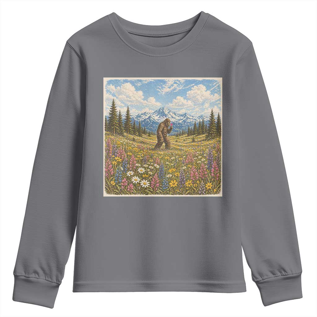 Retro Bigfoot Wildflower Youth Sweatshirt Vintage Sasquatch Funny Cryptid TS10 Charcoal Print Your Wear