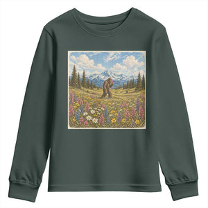 Retro Bigfoot Wildflower Youth Sweatshirt Vintage Sasquatch Funny Cryptid TS10 Dark Forest Green Print Your Wear