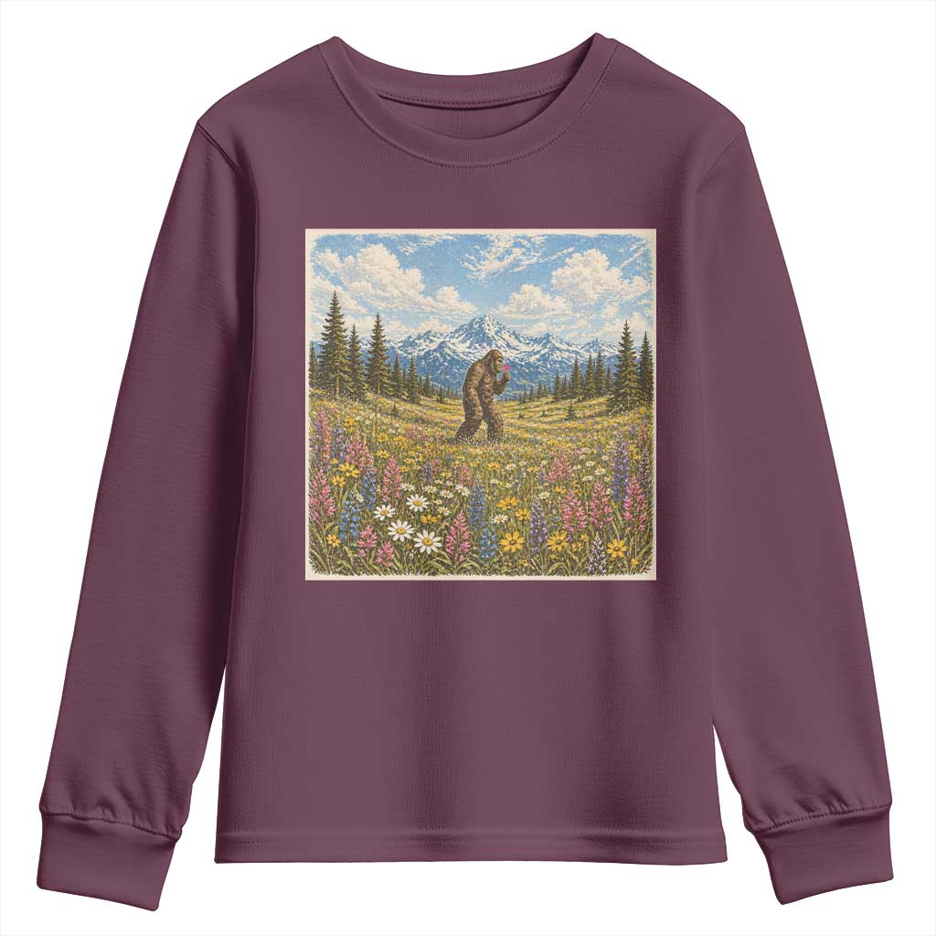 Retro Bigfoot Wildflower Youth Sweatshirt Vintage Sasquatch Funny Cryptid TS10 Maroon Print Your Wear