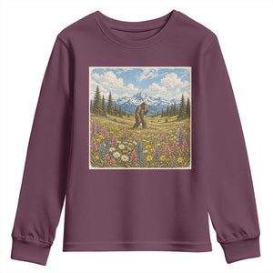 Retro Bigfoot Wildflower Youth Sweatshirt Vintage Sasquatch Funny Cryptid TS10 Maroon Print Your Wear