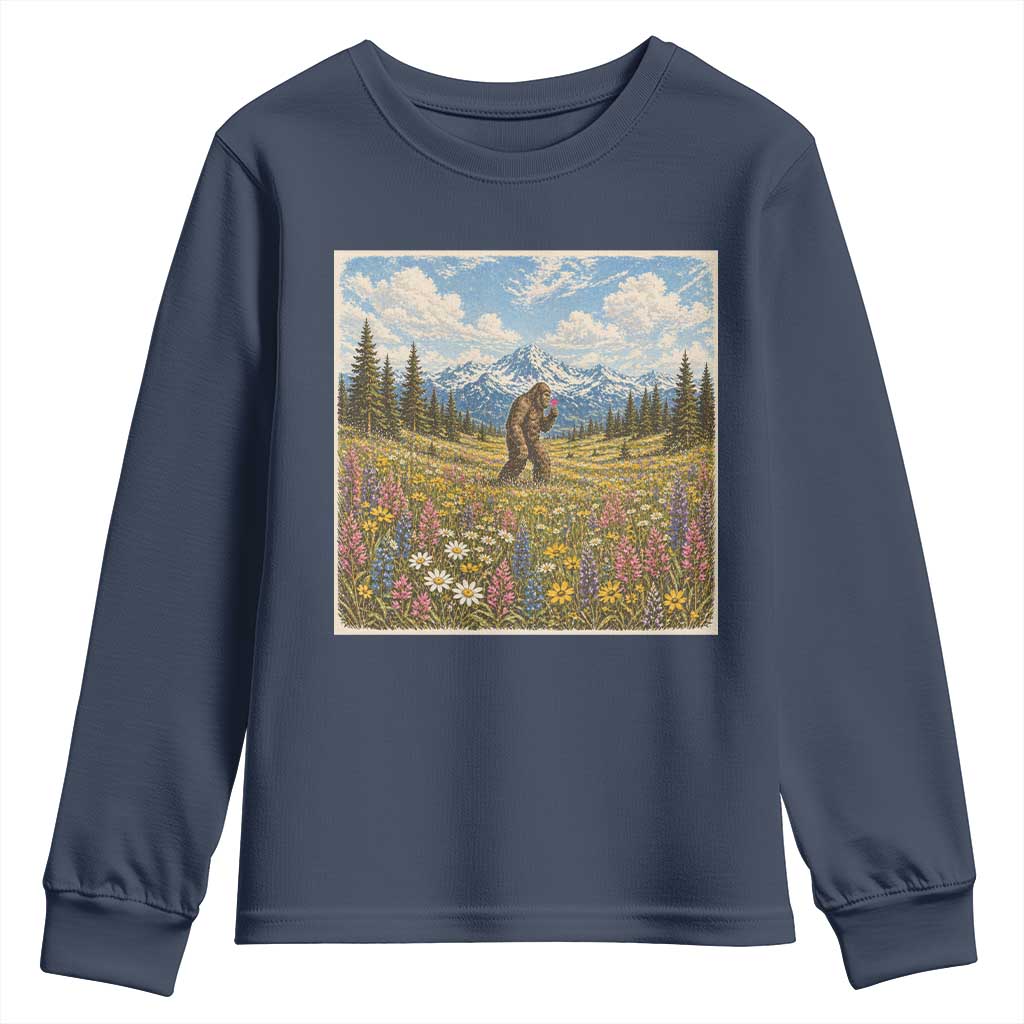 Retro Bigfoot Wildflower Youth Sweatshirt Vintage Sasquatch Funny Cryptid TS10 Navy Print Your Wear