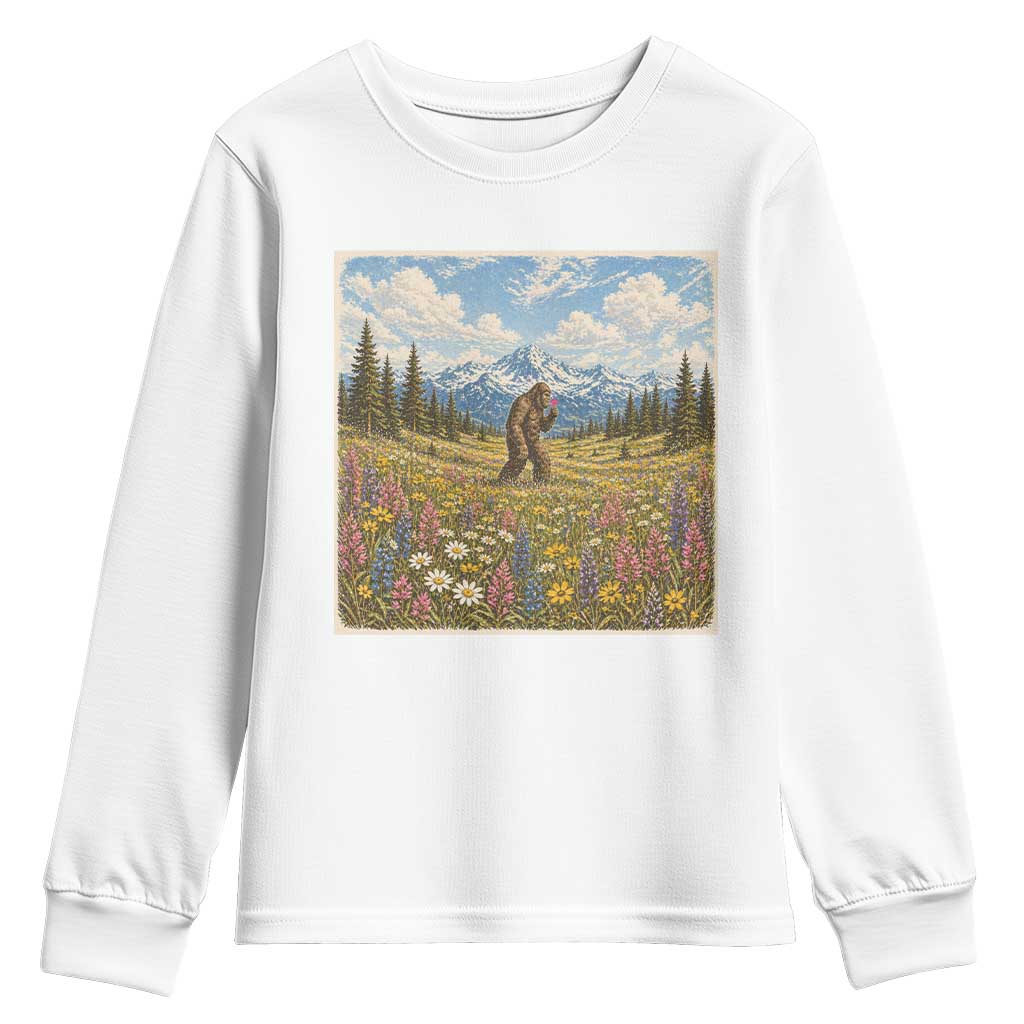 Retro Bigfoot Wildflower Youth Sweatshirt Vintage Sasquatch Funny Cryptid TS10 White Print Your Wear