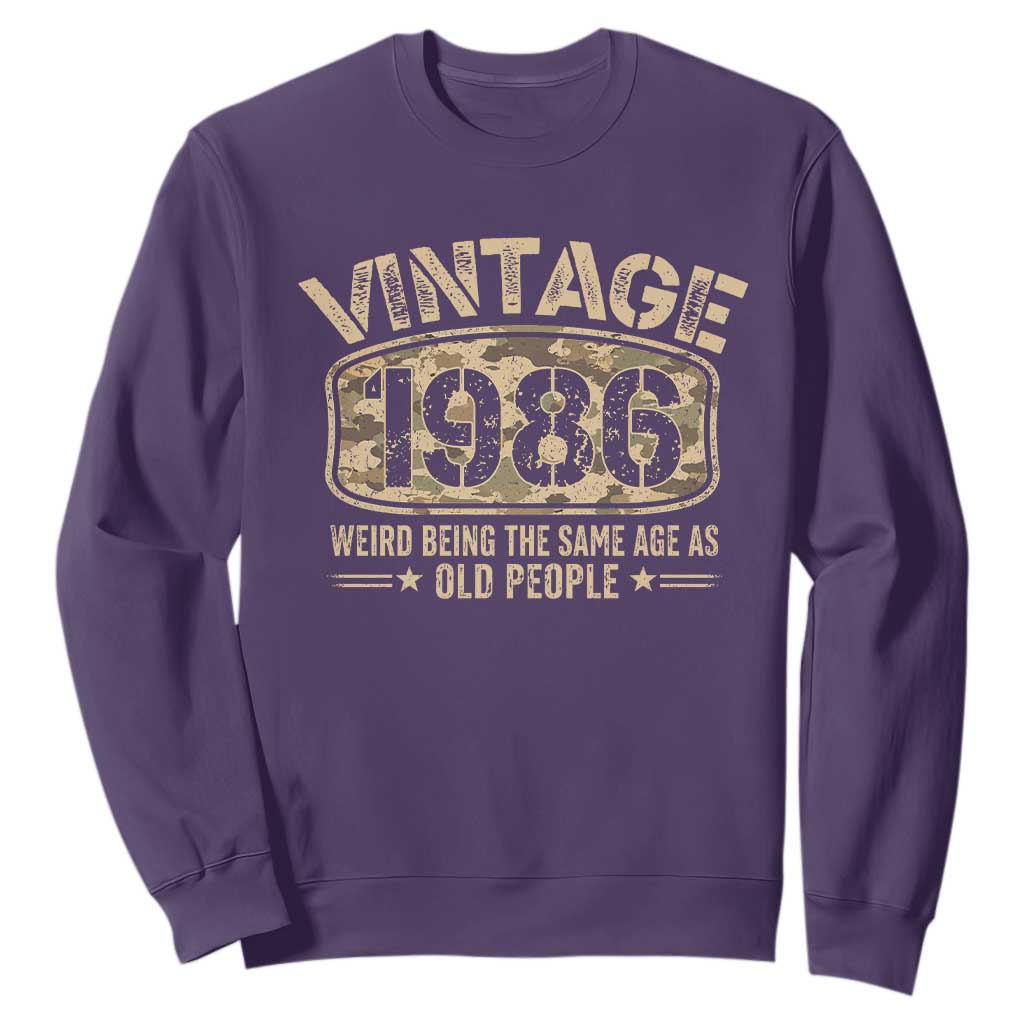 40th Birthday Gift For Men Sweatshirt Retro Camo 1986 Weird Being The Same Age As Old People TS10 Purple Print Your Wear