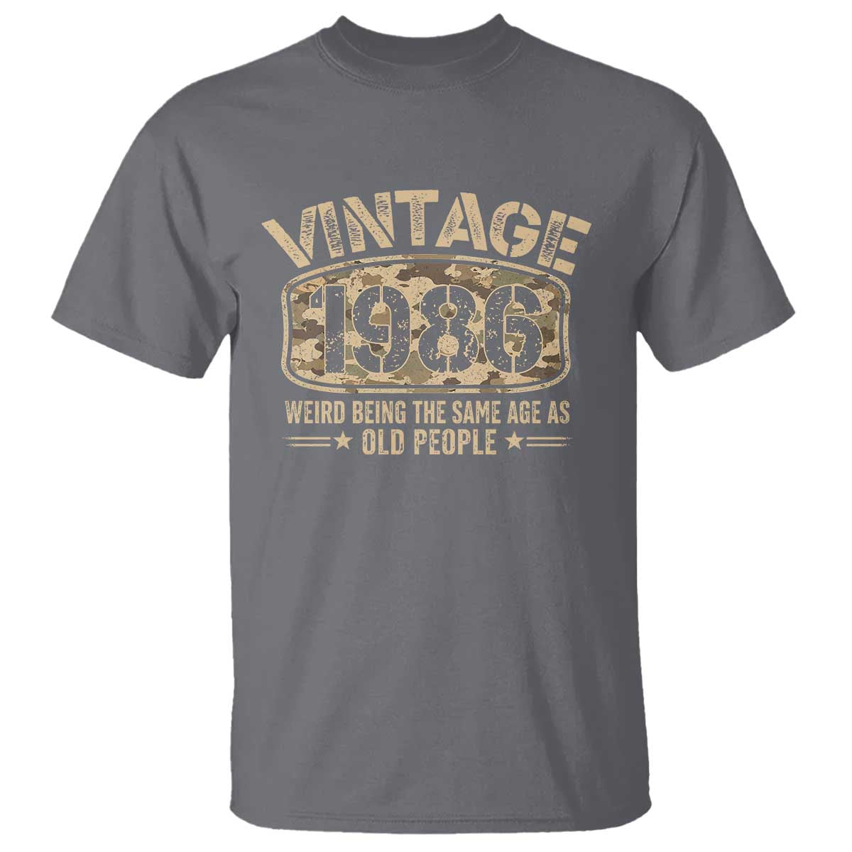 40th Birthday Gift For Men T Shirt Retro Camo 1986 Weird Being The Same Age As Old People TS10 Charcoal Print Your Wear