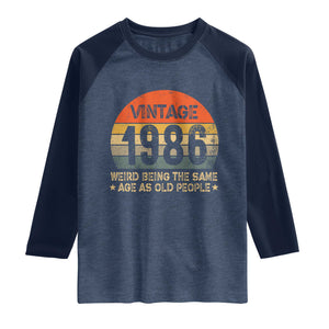 40th Birthday Raglan Shirt Retro 1986 Weird Being The Same Age As Old People TS10 Heather Denim Navy Print Your Wear