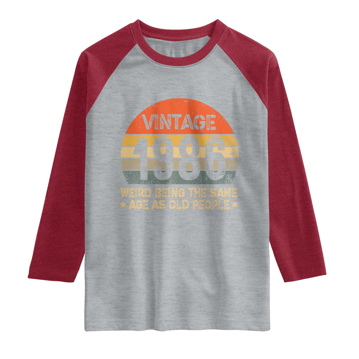 40th Birthday Raglan Shirt Retro 1986 Weird Being The Same Age As Old People TS10 Heather Gray Heather Red Print Your Wear