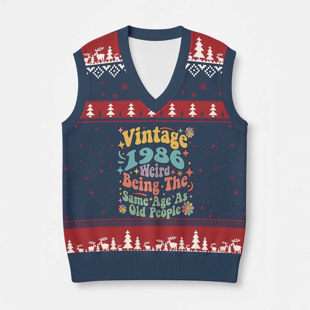 Funny 40th Birthday V-Neck Knit Sweater Vest Retro Groovy 1986 Weird Being The Same Age As Old People TS10 Navy Red Print Your Wear