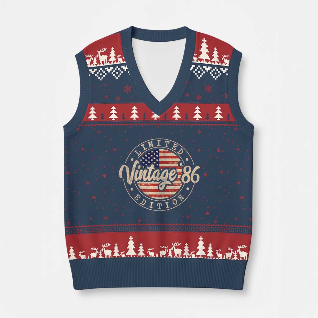 Vintage 1986 Stamp V-Neck Knit Sweater Vest Funny 40th Birthday USA Flag 40 Year Old Bday TS10 Navy Red Print Your Wear