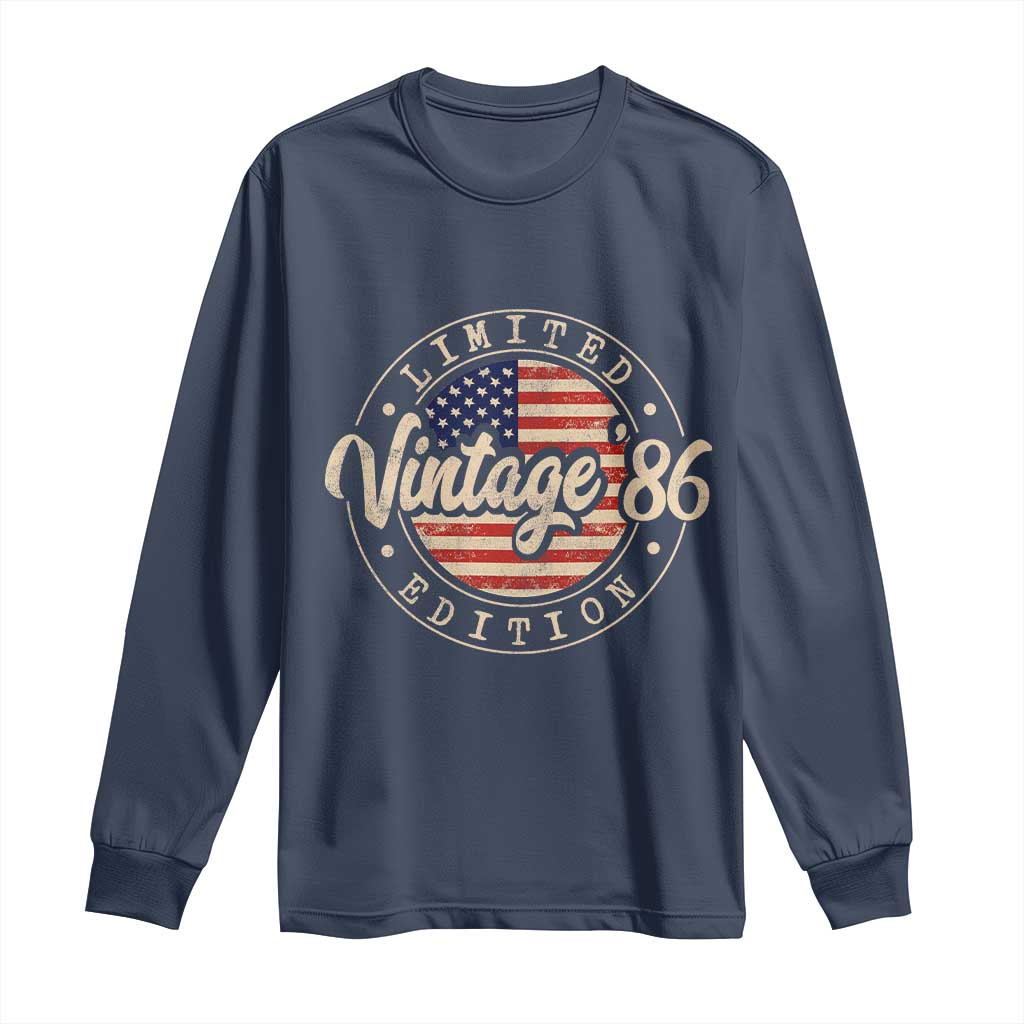 Vintage 1986 Stamp Long Sleeve Shirt Funny 40th Birthday USA Flag 40 Year Old Bday TS10 Navy Print Your Wear