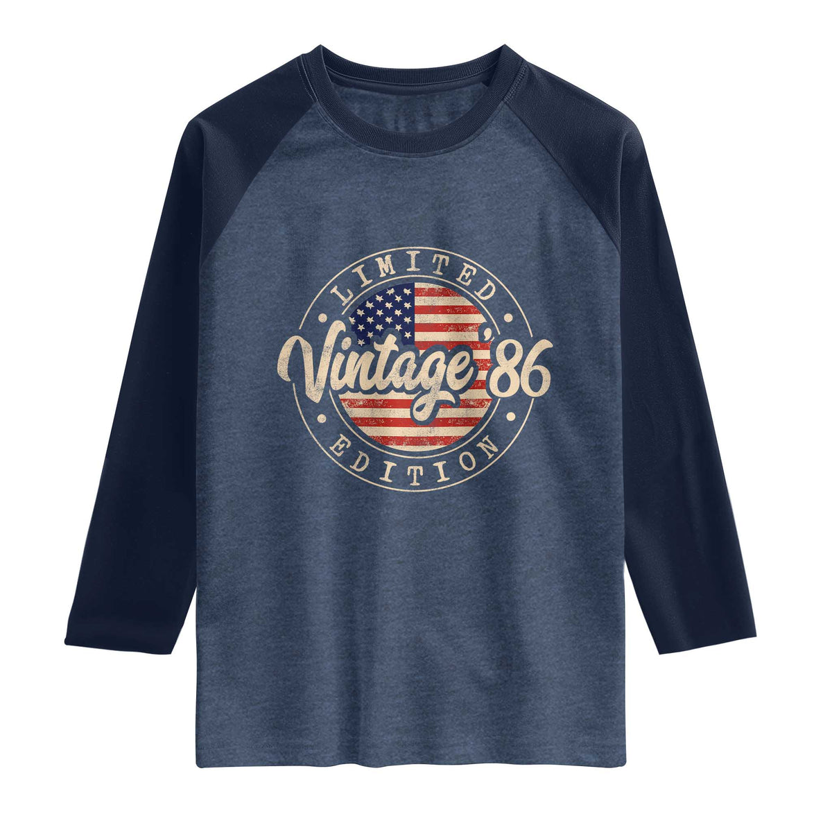 Vintage 1986 Stamp Raglan Shirt Funny 40th Birthday USA Flag 40 Year Old Bday TS10 Heather Denim Navy Print Your Wear