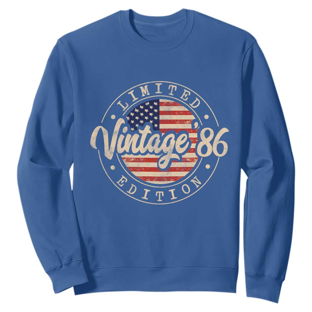 Vintage 1986 Stamp Sweatshirt Funny 40th Birthday USA Flag 40 Year Old Bday TS10 Royal Blue Print Your Wear