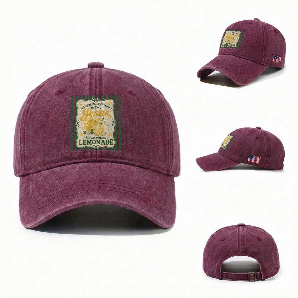 Jesus Lemonade Washed Cotton Baseball Cap Funny Christian Life Gave Me Lemons But My Jesus Makes Lemonade TS10 Washed Cap Universal Fit Burgundy Print Your Wear