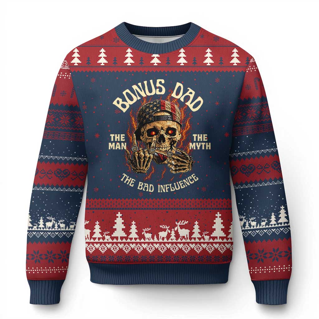 Bonus Dad Ugly Christmas Sweater The Man Myth Bad Influence Step Dad Vintage Skull USA Flag TS10 Navy Red Print Your Wear