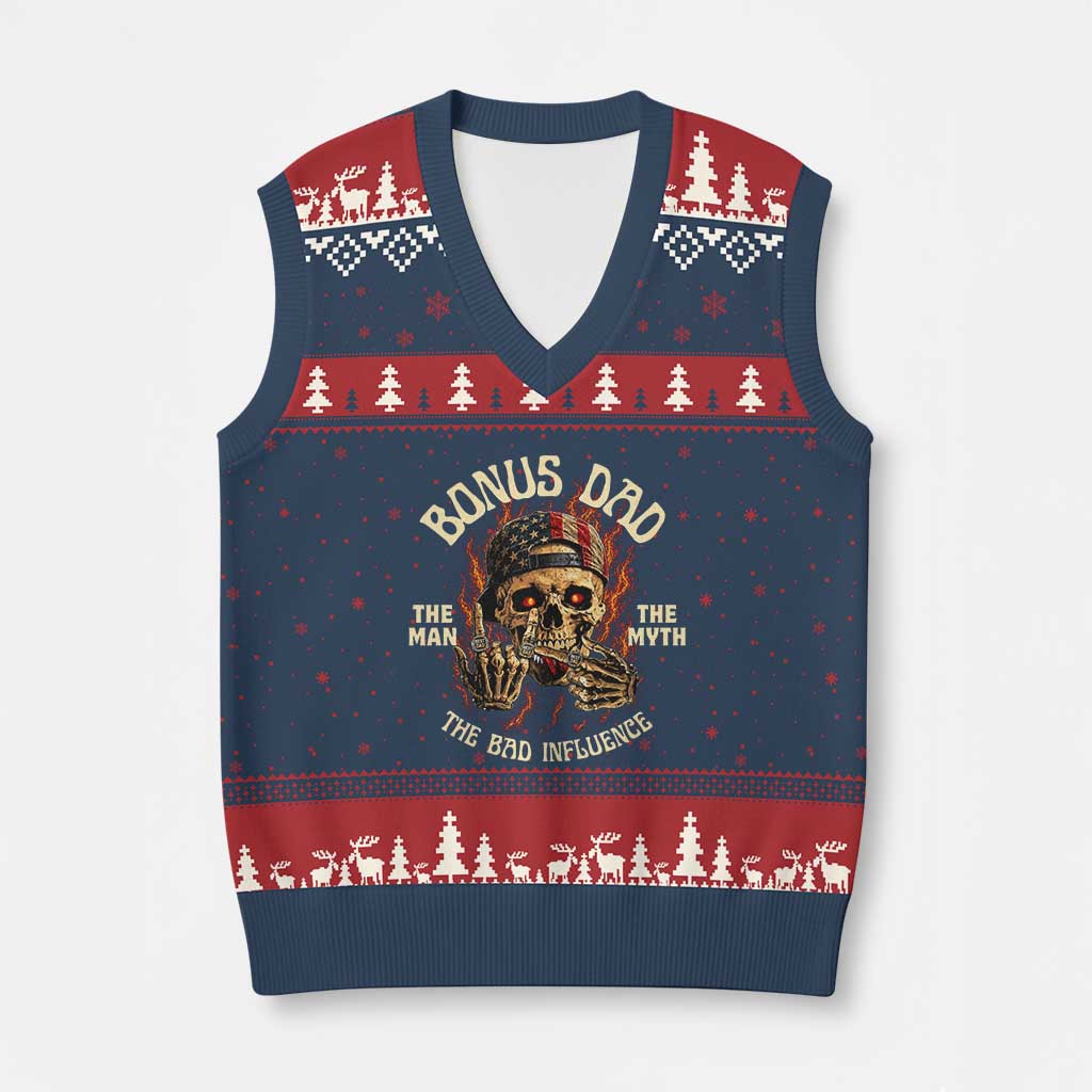 Bonus Dad V-Neck Knit Sweater Vest The Man Myth Bad Influence Step Dad Vintage Skull USA Flag TS10 Navy Red Print Your Wear