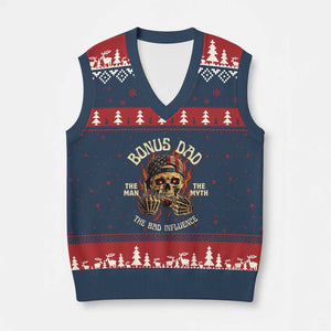 Bonus Dad V-Neck Knit Sweater Vest The Man Myth Bad Influence Step Dad Vintage Skull USA Flag TS10 Navy Red Print Your Wear
